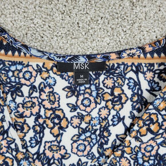 MSK Womens Dress Medium Blue Floral V-neck Baloon Sleeve Lace Trim Shift Midi - Picture 2 of 16